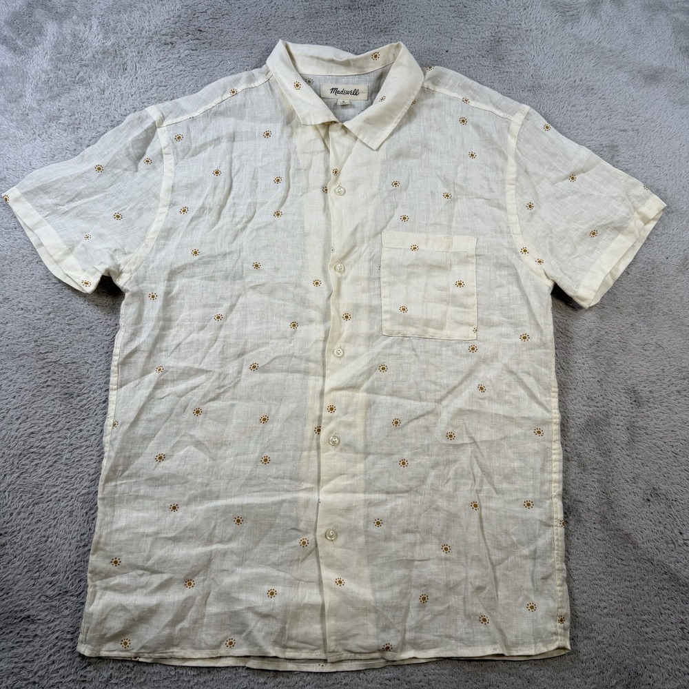 Madewell Shirt Mens Small Cream 100% Linen Short Sleeve Geometric Floral Button